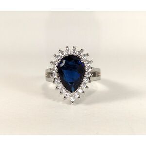 Teardrop Sapphire Blue and Clear Rhinestone Ring  Size  7.25